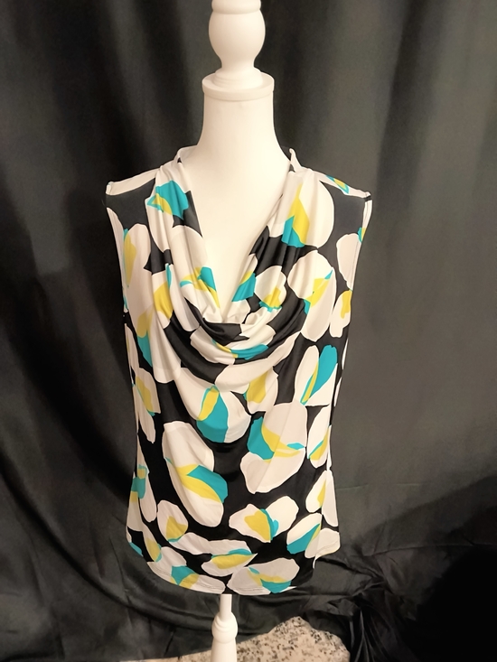 Worthington Tops - Worthington Black, White, Teal & Yellow Cowl Neck Sleeveless Top